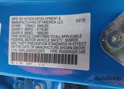 2025 Honda Civic Sedan Sport z USA, uszkodzony, nr VIN 19XFL2H89SE022970